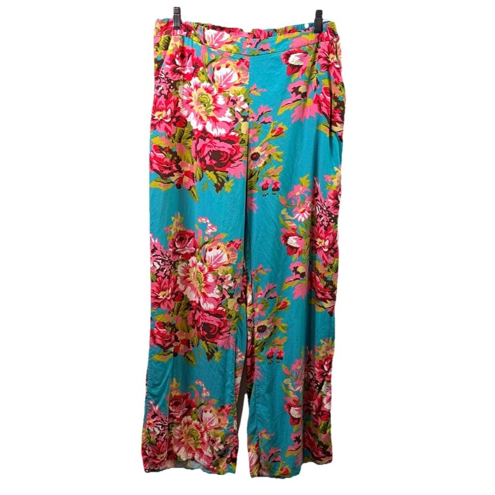Ilusion Womens Pants Wide Leg Blue Floral Inseam Pockets Sz XL Cottagecore Beach